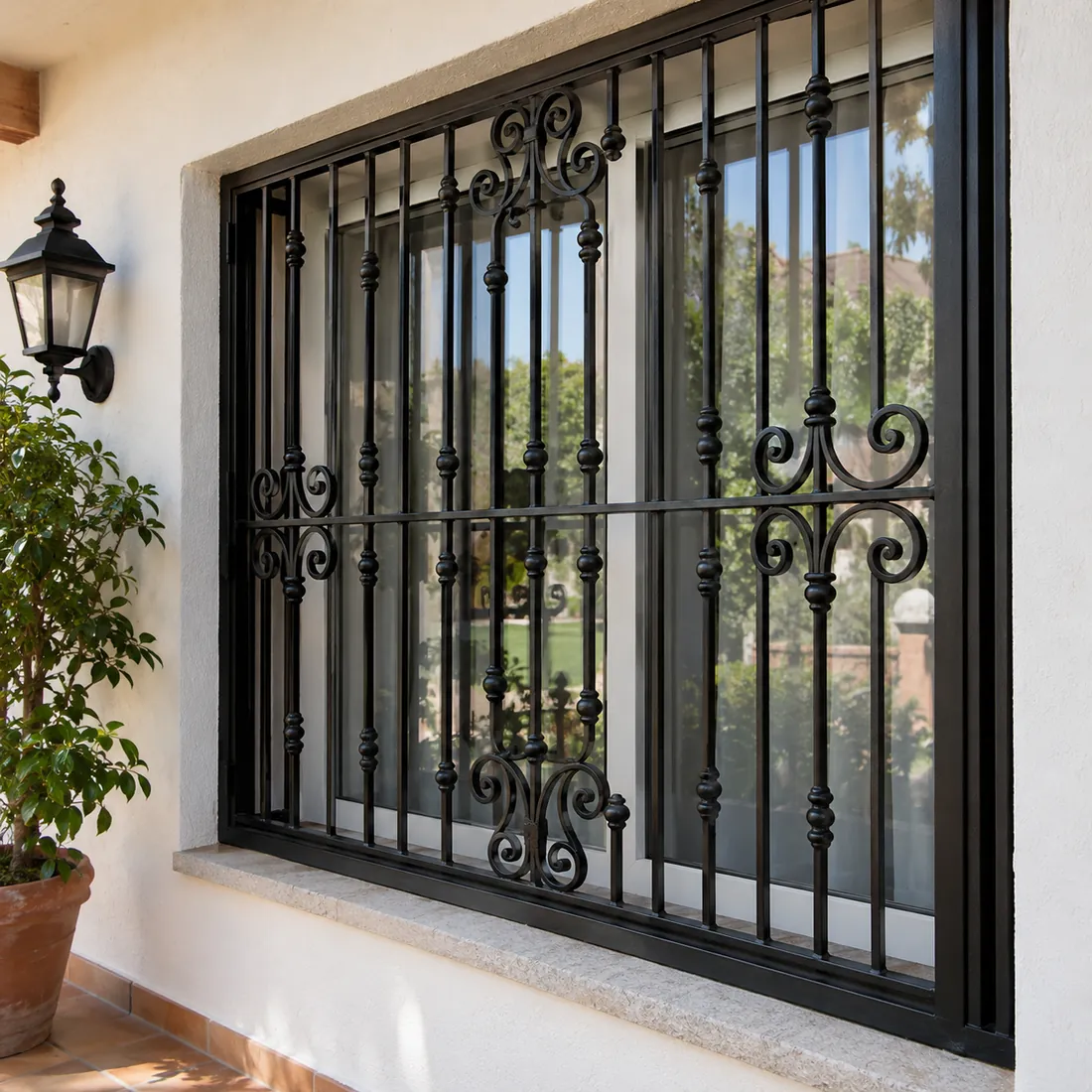 Reja de hierro forjado con volutas en una ventana